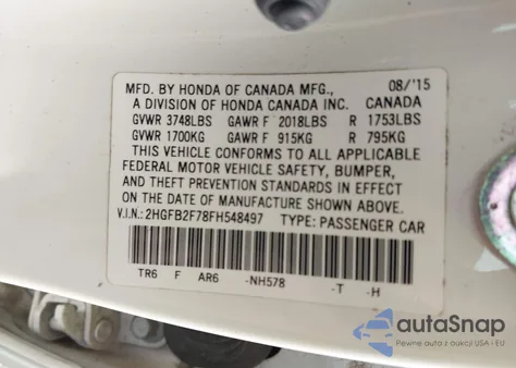 2015 Honda Civic Se z USA, uszkodzony, nr VIN 2HGFB2F78FH548497